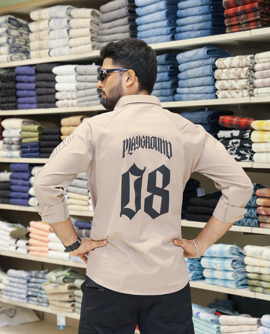 Beige Cotton-Blended Casual Shirt Features Back Print, Full Sleeves, Spread Collar, Regular Fit and Regular Length