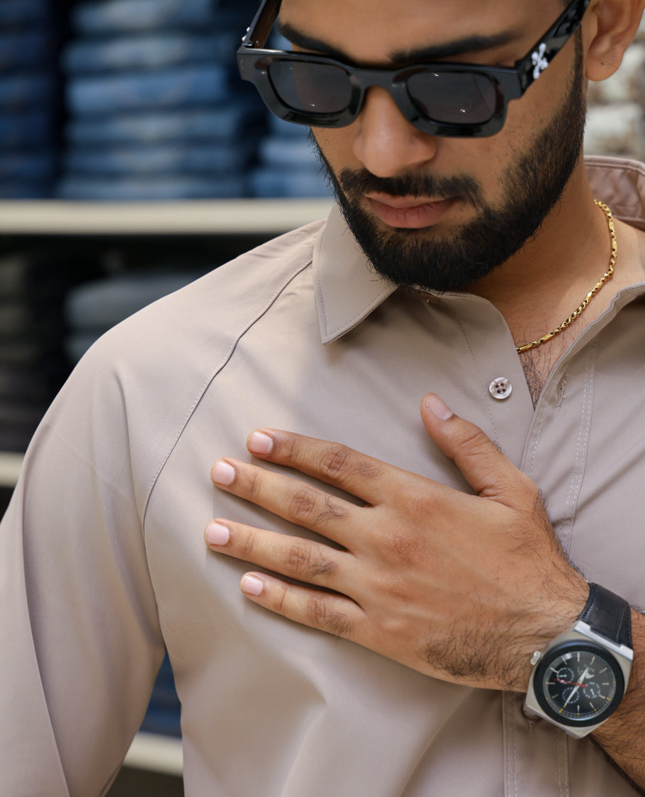 Beige Cotton-Blended Casual Shirt Features Back Print, Full Sleeves, Spread Collar, Regular Fit and Regular Length