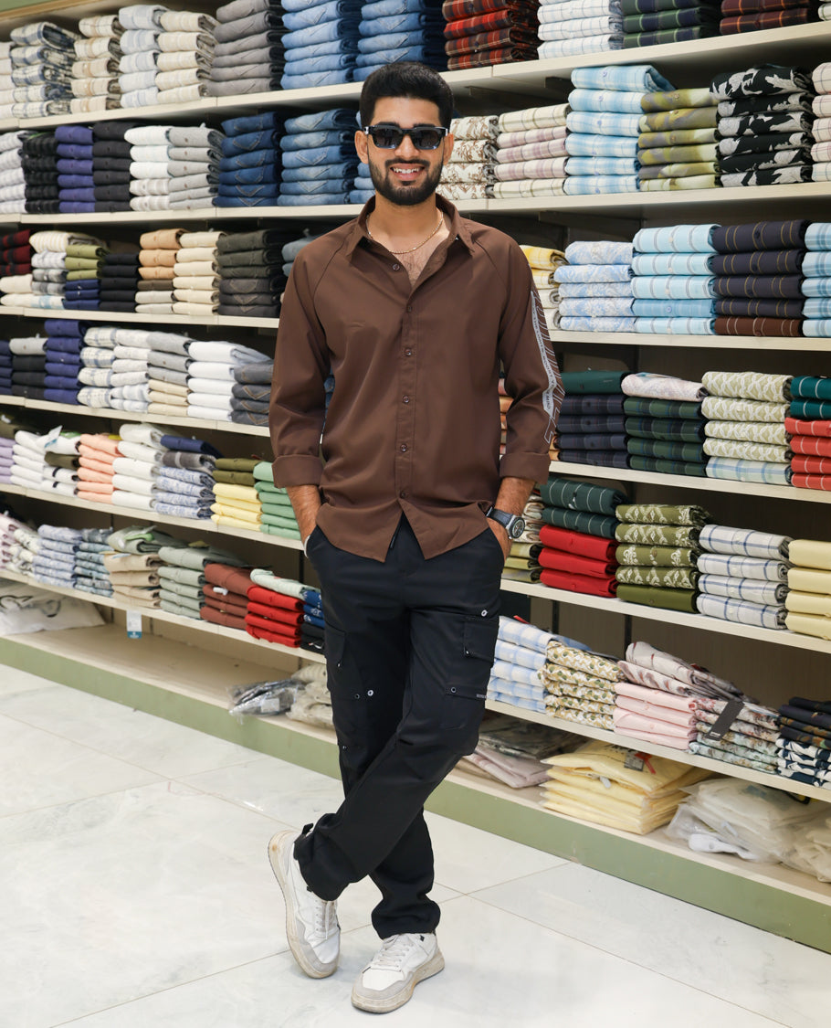 Brown Cotton-Blended Casual Shirt Features Back Print, Full Sleeves, Spread Collar, Regular Fit and Regular Length