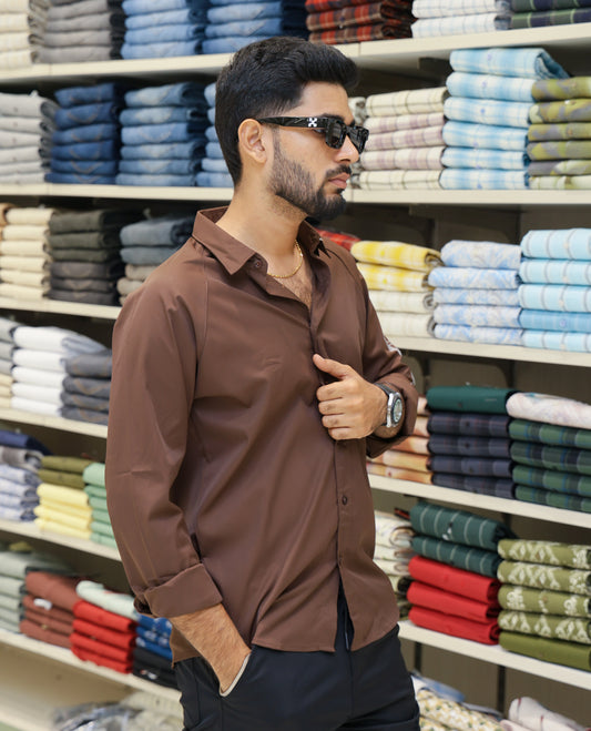 Brown Cotton-Blended Casual Shirt Features Back Print, Full Sleeves, Spread Collar, Regular Fit and Regular Length