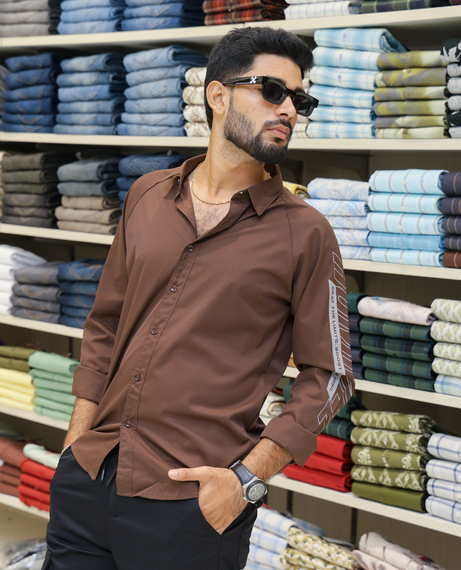 Brown Cotton-Blended Casual Shirt Features Back Print, Full Sleeves, Spread Collar, Regular Fit and Regular Length