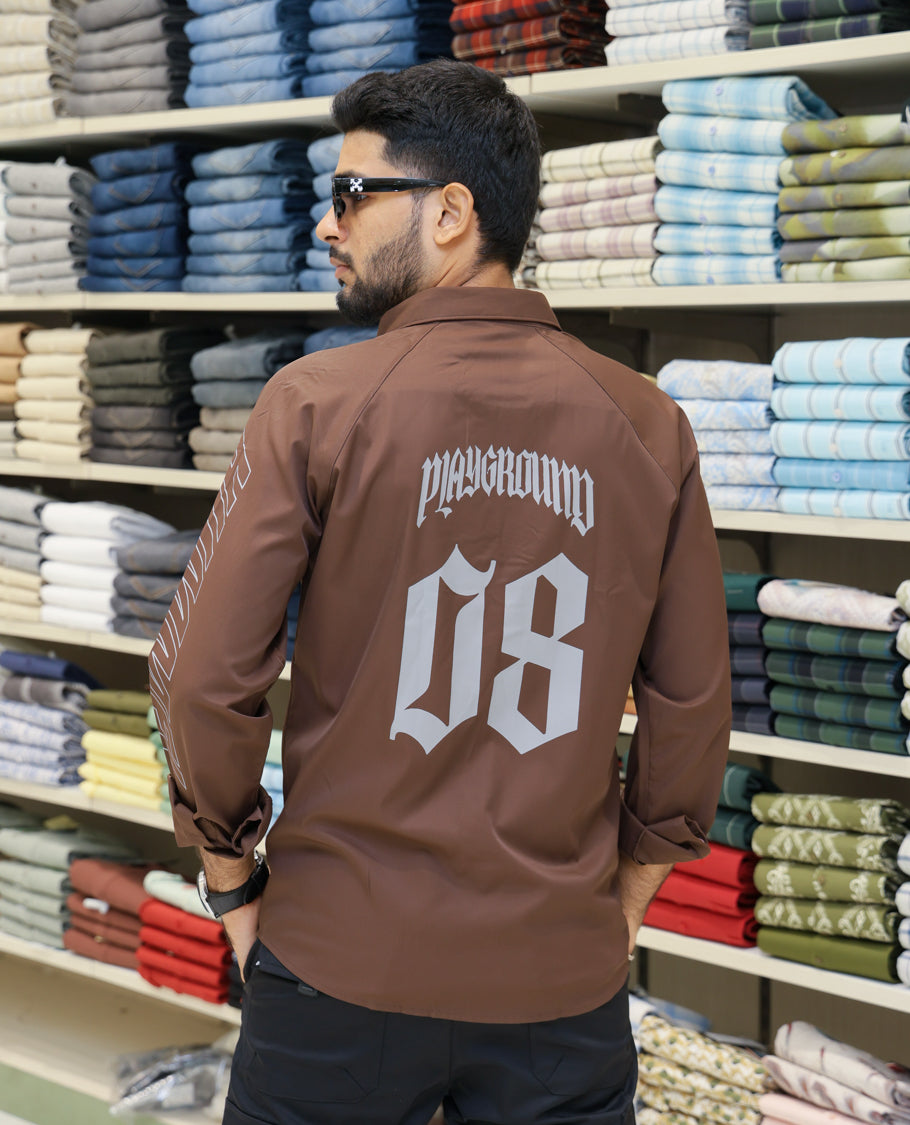 Brown Cotton-Blended Casual Shirt Features Back Print, Full Sleeves, Spread Collar, Regular Fit and Regular Length