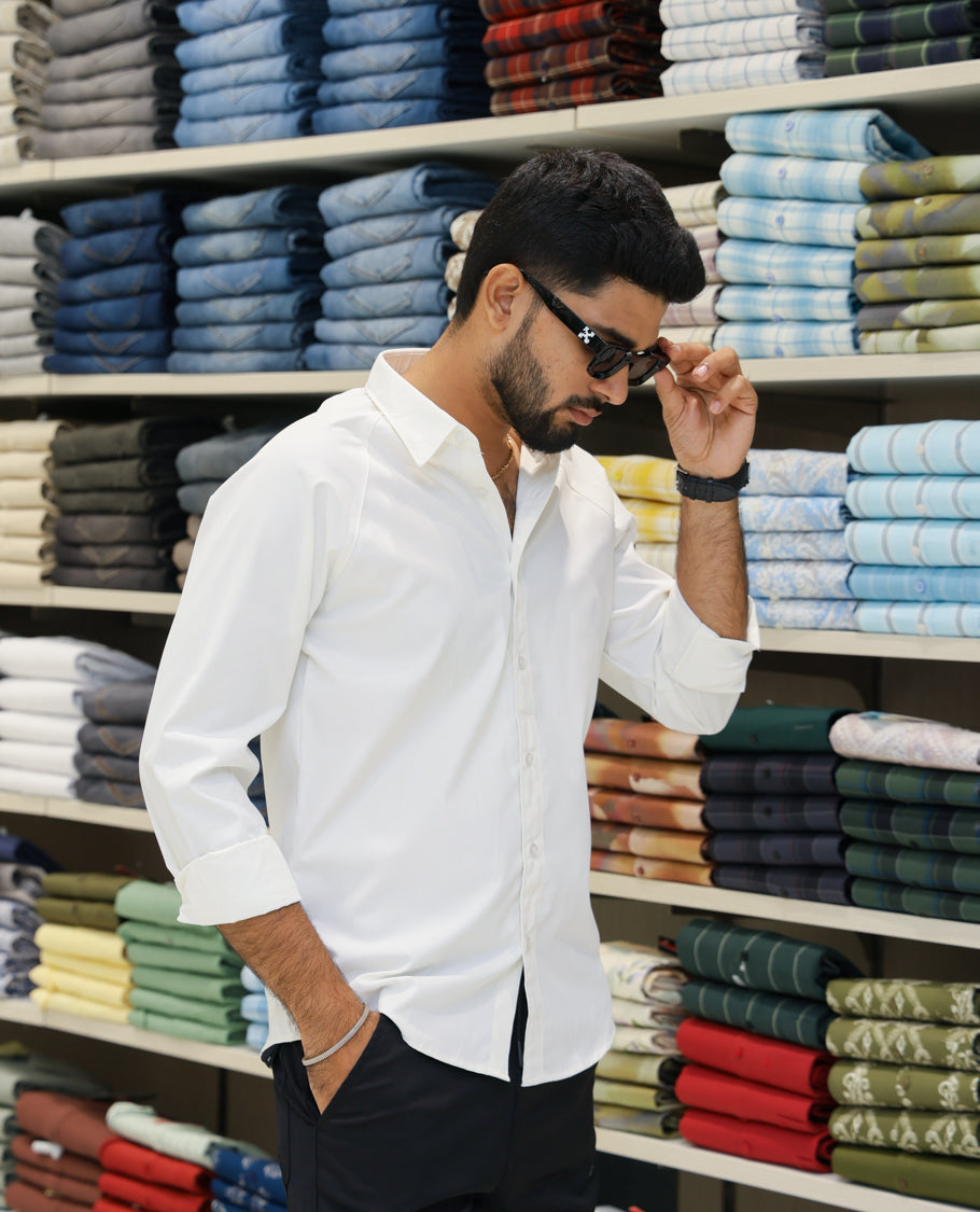 White Cotton-Blended Casual Shirt Features Back Print, Full Sleeves, Spread Collar, Regular Fit and Regular Length