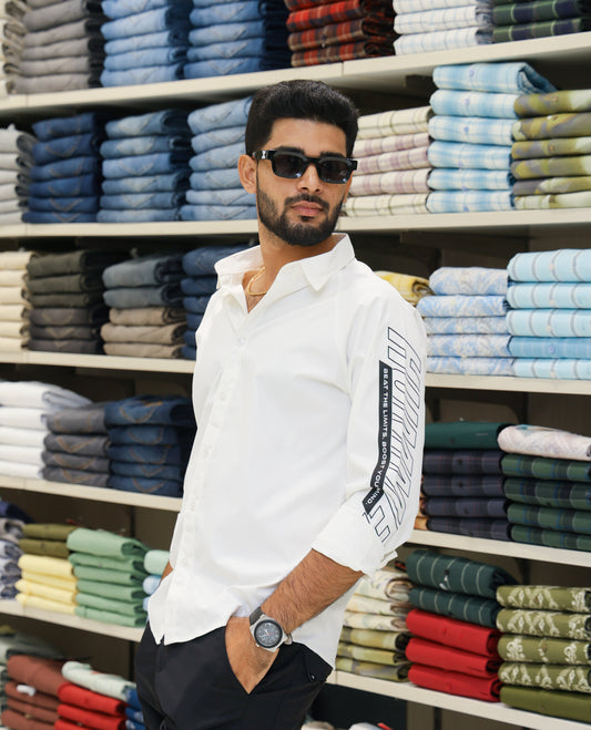White Cotton-Blended Casual Shirt Features Back Print, Full Sleeves, Spread Collar, Regular Fit and Regular Length