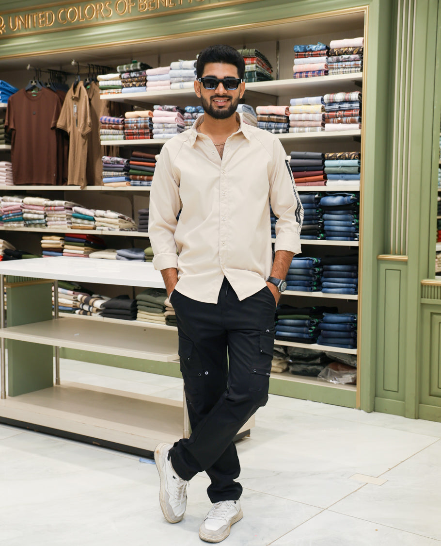 Cream Cotton-Blended Casual Shirt Features Back Print, Full Sleeves, Spread Collar, Regular Fit and Regular Length