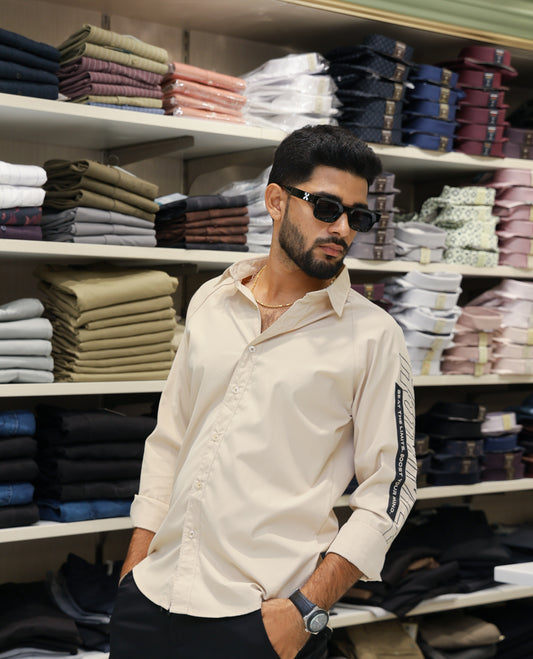 Cream Cotton-Blended Casual Shirt Features Back Print, Full Sleeves, Spread Collar, Regular Fit and Regular Length