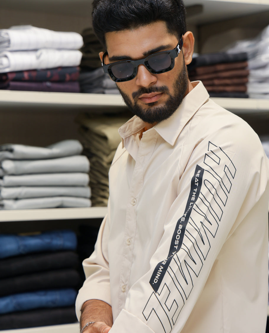 Cream Cotton-Blended Casual Shirt Features Back Print, Full Sleeves, Spread Collar, Regular Fit and Regular Length