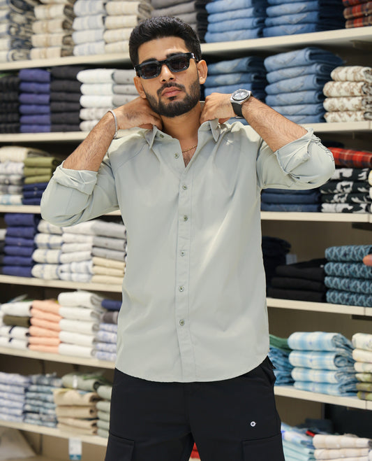 Light Green Cotton-Blended Casual Shirt Features Back Print, Full Sleeves, Spread Collar, Regular Fit and Regular Length