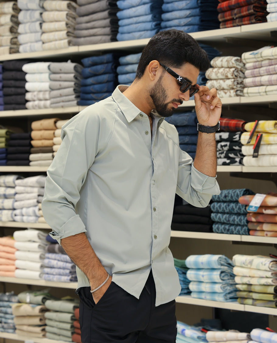 Light Green Cotton-Blended Casual Shirt Features Back Print, Full Sleeves, Spread Collar, Regular Fit and Regular Length