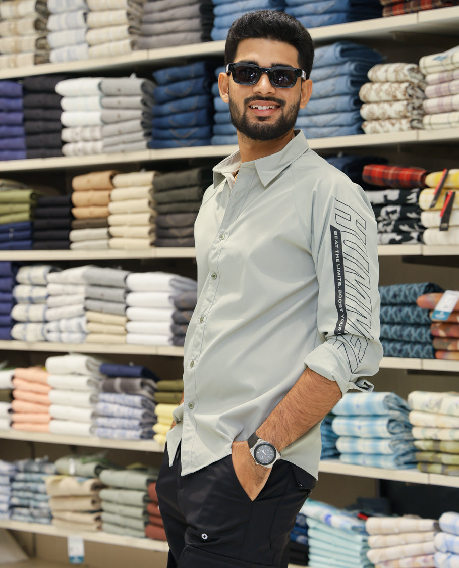 Light Green Cotton-Blended Casual Shirt Features Back Print, Full Sleeves, Spread Collar, Regular Fit and Regular Length