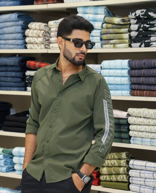 Dark Green Cotton-Blended Casual Shirt Features Back Print, Full Sleeves, Spread Collar, Regular Fit and Regular Length