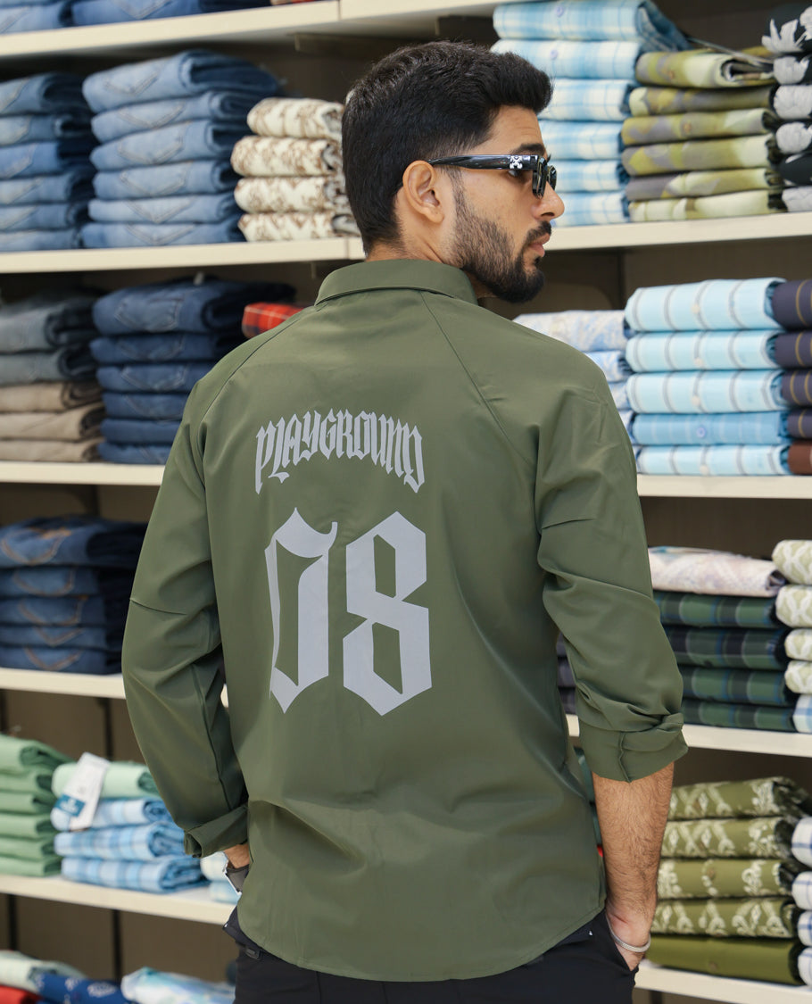 Dark Green Cotton-Blended Casual Shirt Features Back Print, Full Sleeves, Spread Collar, Regular Fit and Regular Length