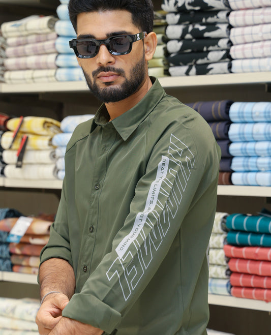 Dark Green Cotton-Blended Casual Shirt Features Back Print, Full Sleeves, Spread Collar, Regular Fit and Regular Length