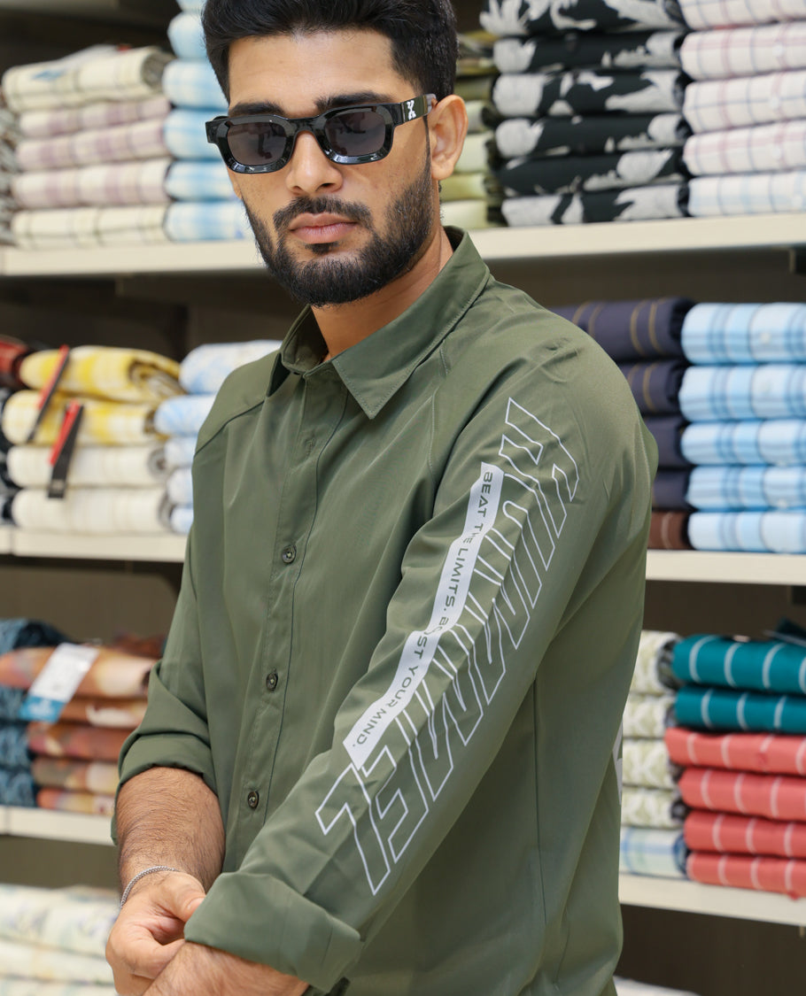 Dark Green Cotton-Blended Casual Shirt Features Back Print, Full Sleeves, Spread Collar, Regular Fit and Regular Length