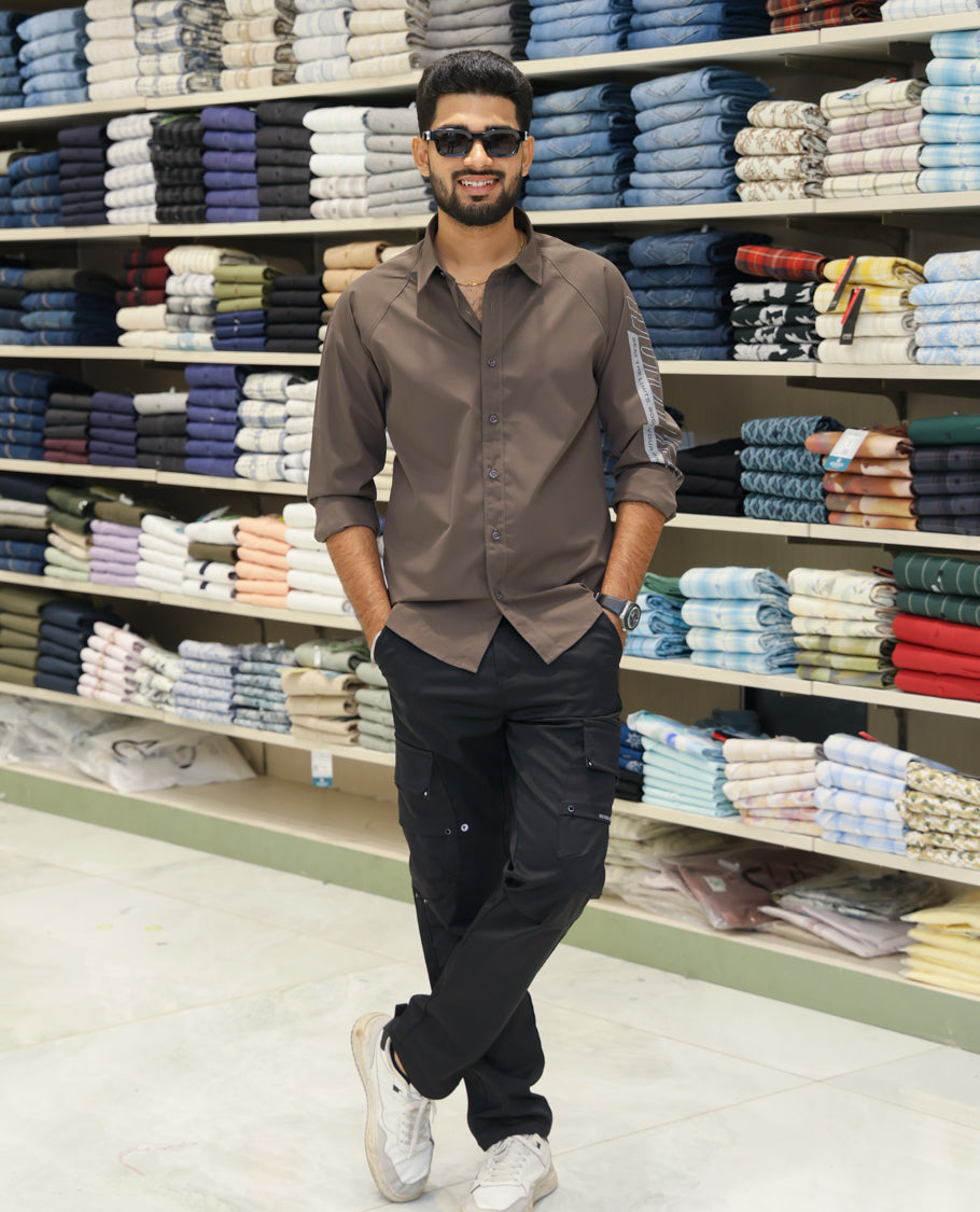 Dark Grey Cotton-Blended Casual Shirt Features Back Print, Full Sleeves, Spread Collar, Regular Fit and Regular Length