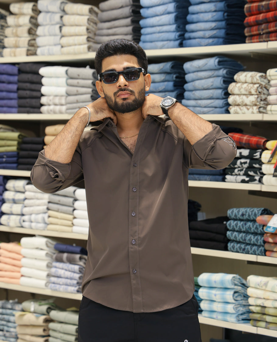 Dark Grey Cotton-Blended Casual Shirt Features Back Print, Full Sleeves, Spread Collar, Regular Fit and Regular Length