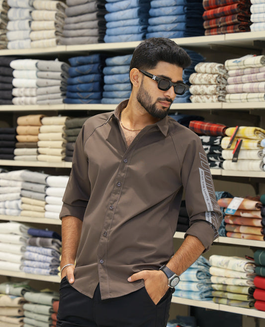 Dark Grey Cotton-Blended Casual Shirt Features Back Print, Full Sleeves, Spread Collar, Regular Fit and Regular Length