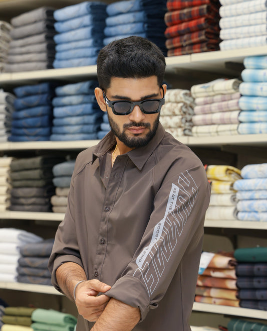 Dark Grey Cotton-Blended Casual Shirt Features Back Print, Full Sleeves, Spread Collar, Regular Fit and Regular Length