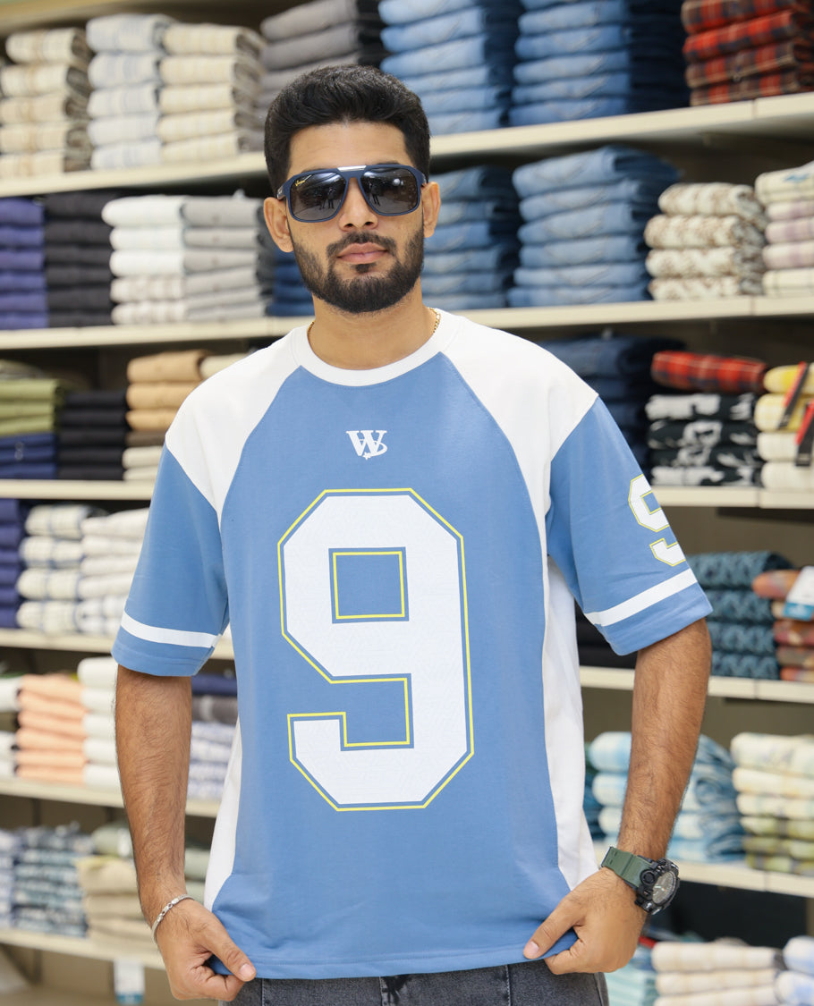 Blue Cotton-Blended Oversized Printed Jersey-Style T-shirt Comes with Half-Sleeves, Round Neck, and Regular Length 