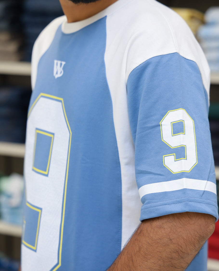 Blue Cotton-Blended Oversized Printed Jersey-Style T-shirt Comes with Half-Sleeves, Round Neck, and Regular Length 