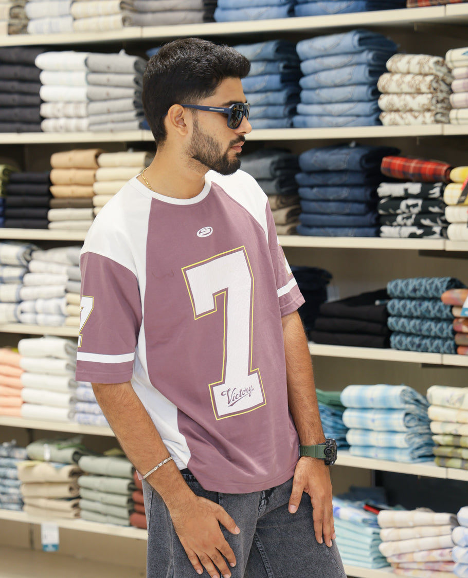 Mauve Cotton-Blended Oversized Printed Jersey-Style T-shirt Comes with Half-Sleeves, Round Neck, and Regular Length 