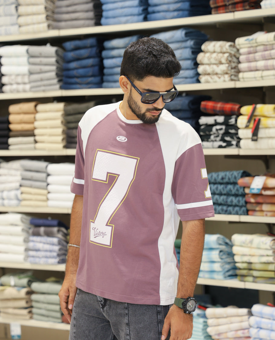 Mauve Cotton-Blended Oversized Printed Jersey-Style T-shirt Comes with Half-Sleeves, Round Neck, and Regular Length 