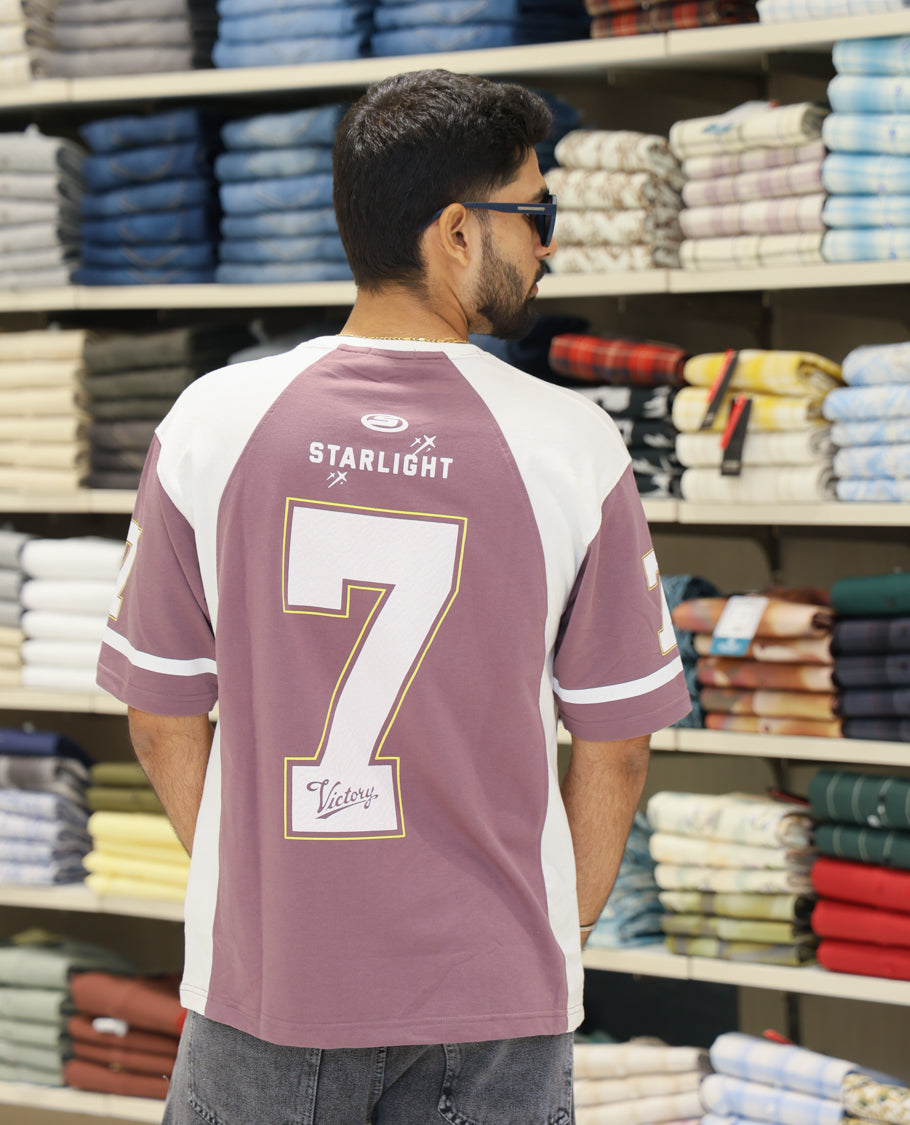 Mauve Cotton-Blended Oversized Printed Jersey-Style T-shirt Comes with Half-Sleeves, Round Neck, and Regular Length 
