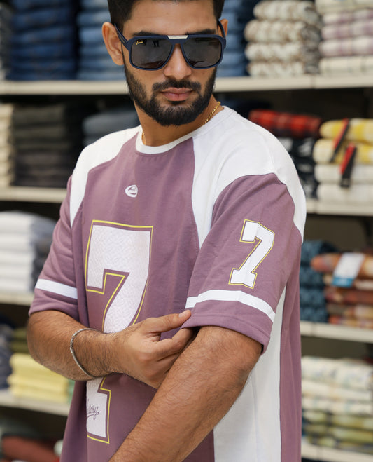 Mauve Cotton-Blended Oversized Printed Jersey-Style T-shirt Comes with Half-Sleeves, Round Neck, and Regular Length 