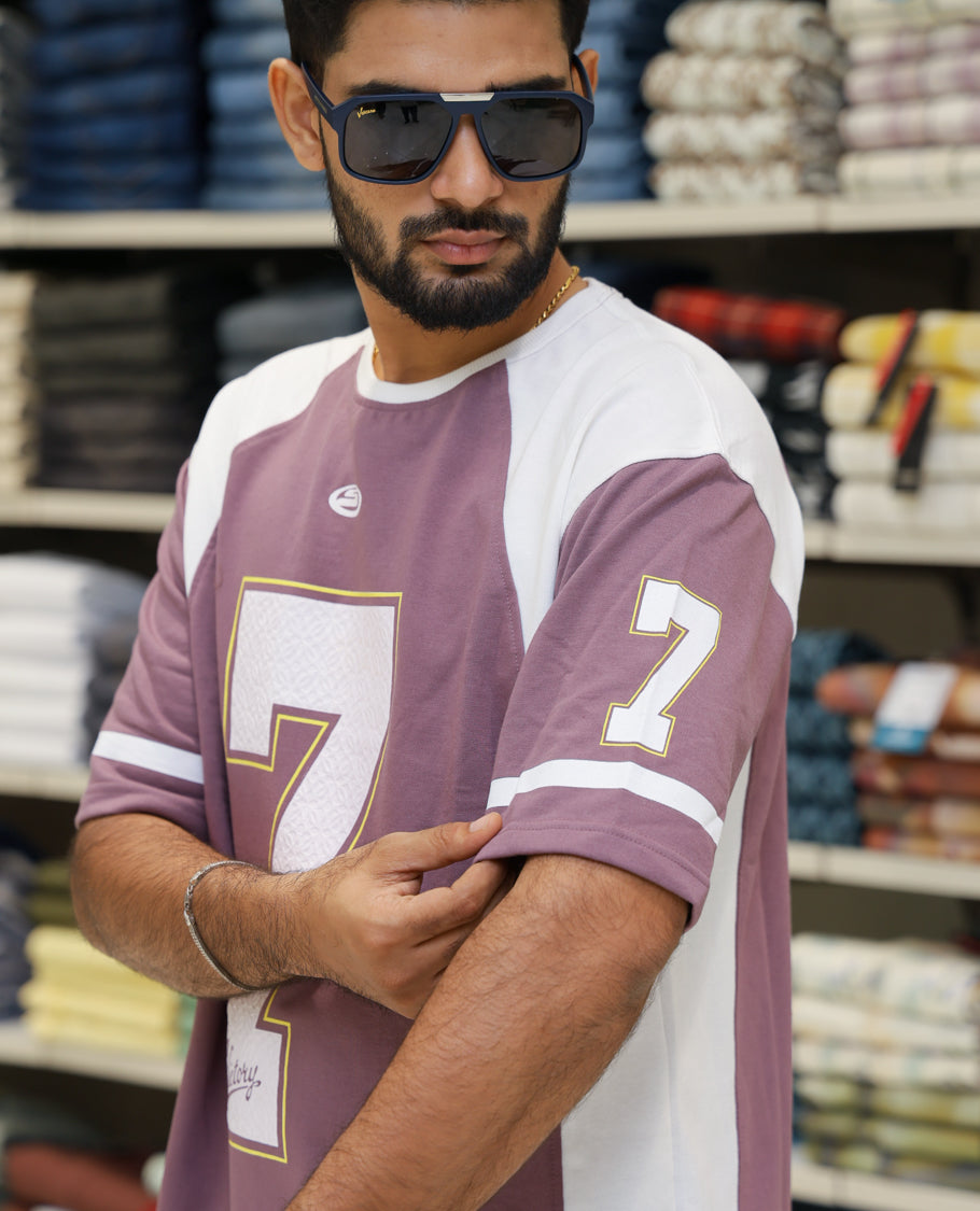 Mauve Cotton-Blended Oversized Printed Jersey-Style T-shirt Comes with Half-Sleeves, Round Neck, and Regular Length 