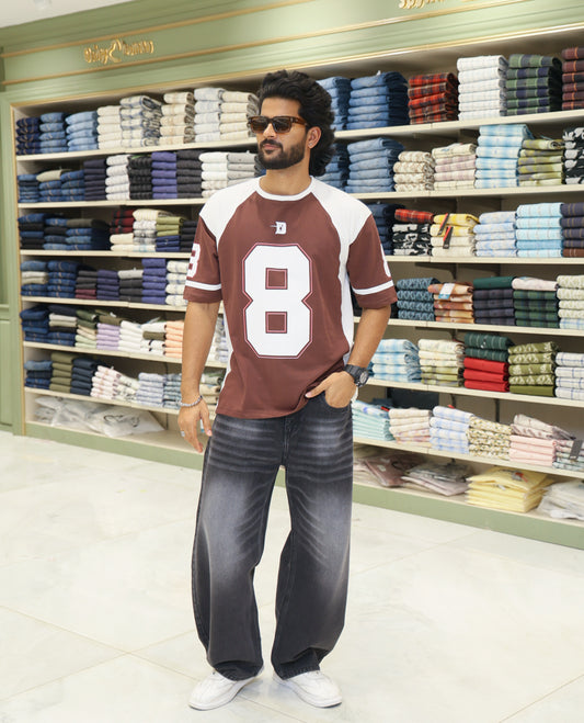Brown Cotton-Blended Oversized Printed Jersey-Style T-shirt Comes with Half-Sleeves, Round Neck, and Regular Length 