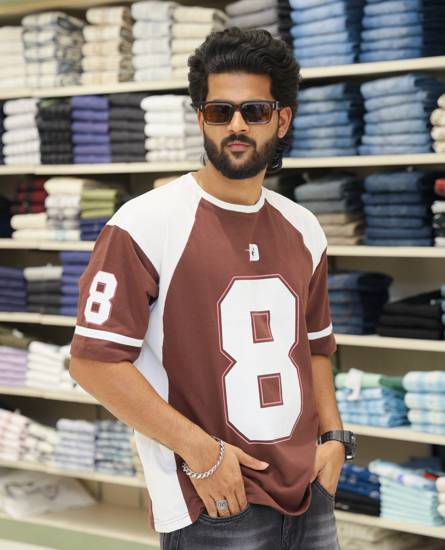Brown Cotton-Blended Oversized Printed Jersey-Style T-shirt Comes with Half-Sleeves, Round Neck, and Regular Length 