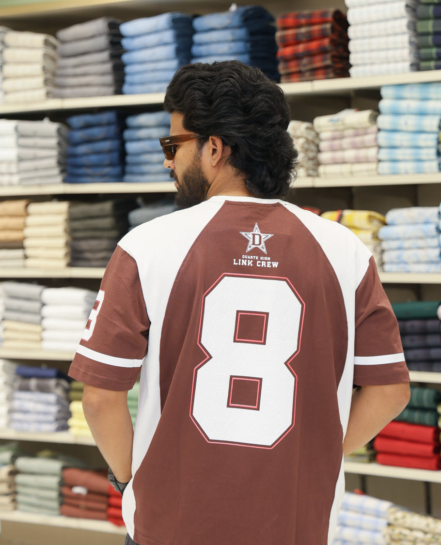 Brown Cotton-Blended Oversized Printed Jersey-Style T-shirt Comes with Half-Sleeves, Round Neck, and Regular Length 