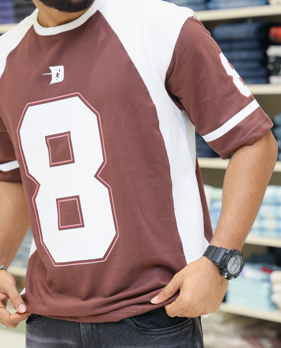 Brown Cotton-Blended Oversized Printed Jersey-Style T-shirt Comes with Half-Sleeves, Round Neck, and Regular Length 
