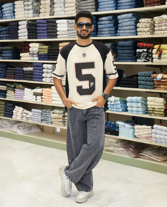 Cream Cotton-Blended Oversized Printed Jersey-Style T-shirt Comes with Half-Sleeves, Round Neck, and Regular Length 