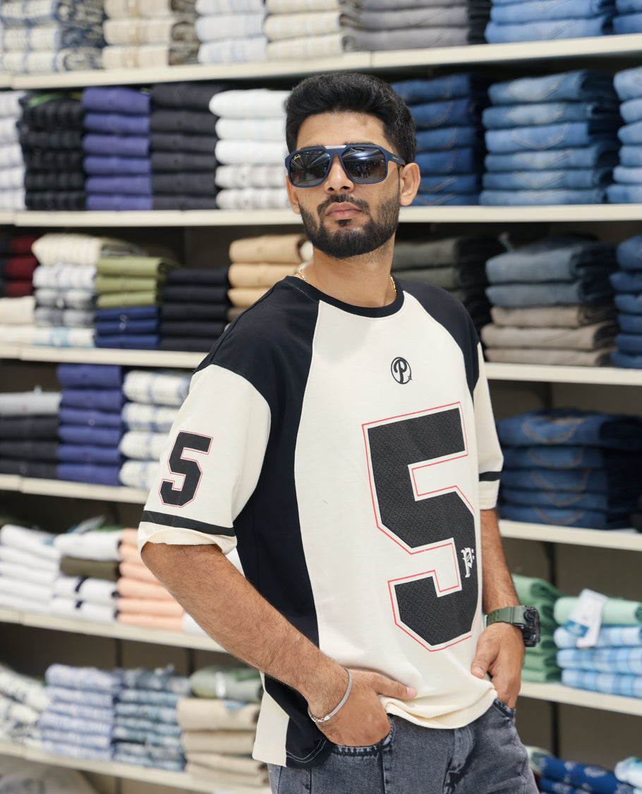Cream Cotton-Blended Oversized Printed Jersey-Style T-shirt Comes with Half-Sleeves, Round Neck, and Regular Length 