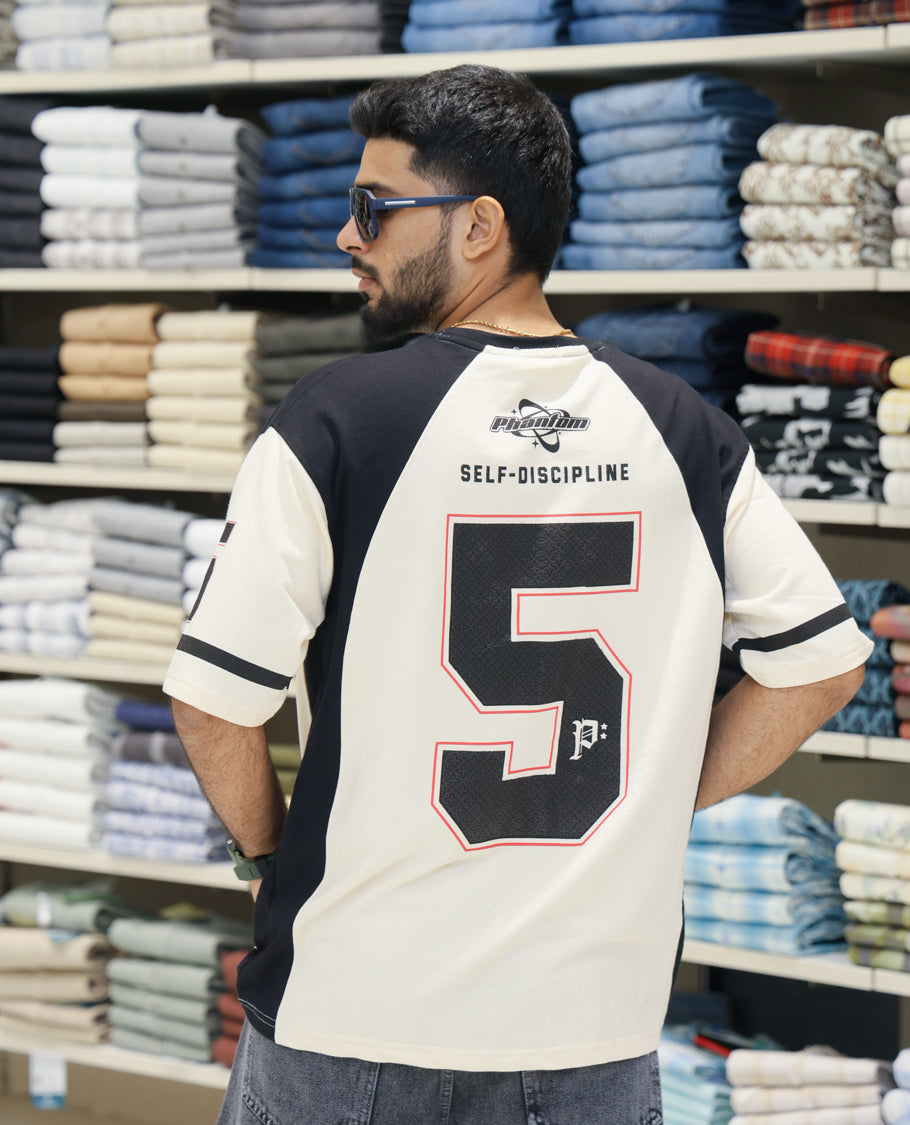 Cream Cotton-Blended Oversized Printed Jersey-Style T-shirt Comes with Half-Sleeves, Round Neck, and Regular Length 