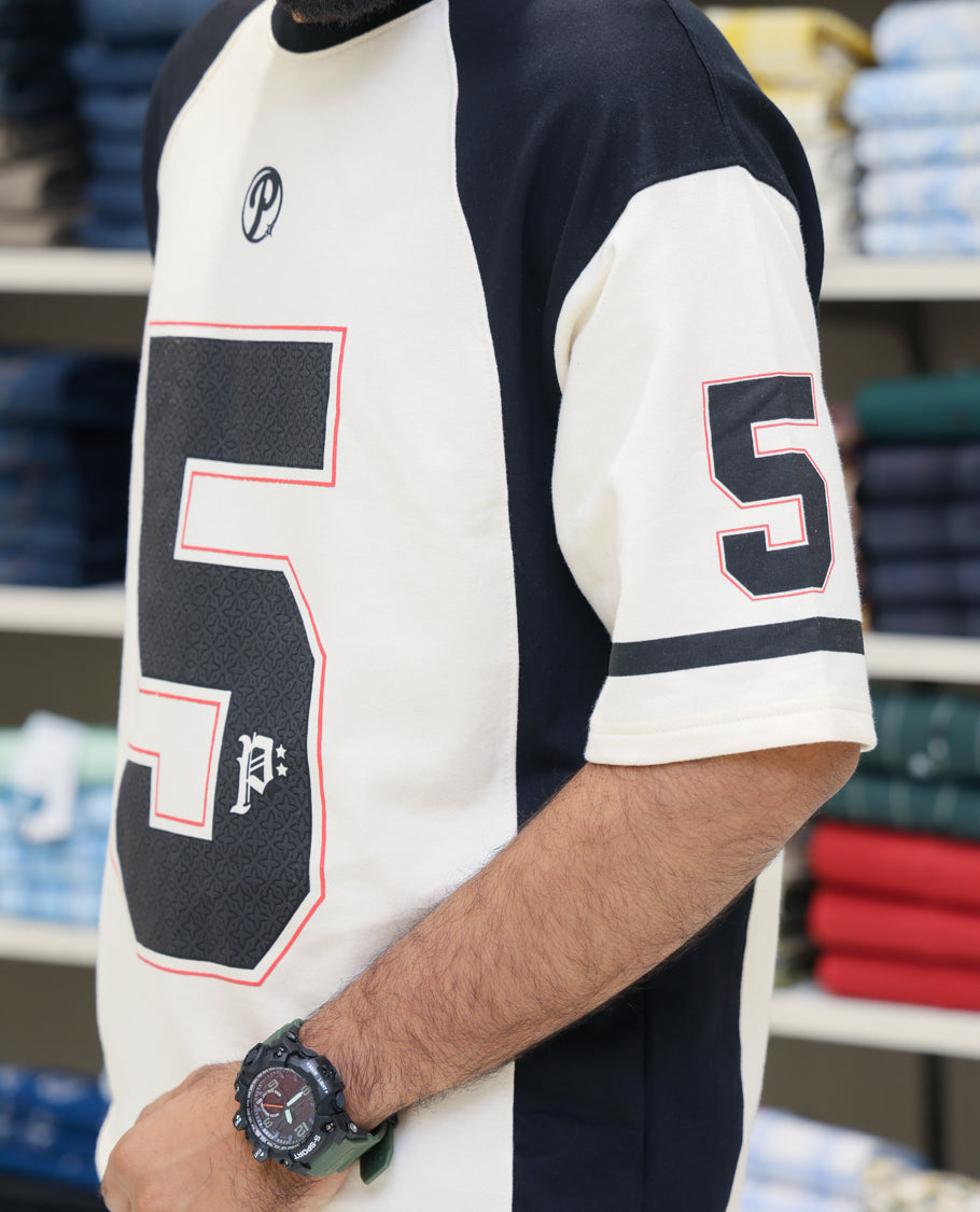 Cream Cotton-Blended Oversized Printed Jersey-Style T-shirt Comes with Half-Sleeves, Round Neck, and Regular Length 