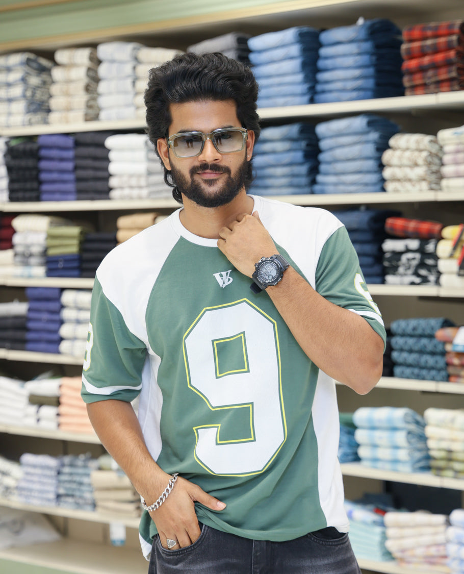 Green Cotton-Blended Oversized Printed Jersey-Style T-shirt Comes with Half-Sleeves, Round Neck, and Regular Length 