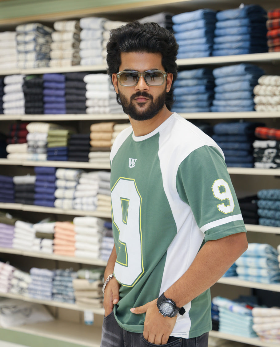 Green Cotton-Blended Oversized Printed Jersey-Style T-shirt Comes with Half-Sleeves, Round Neck, and Regular Length 