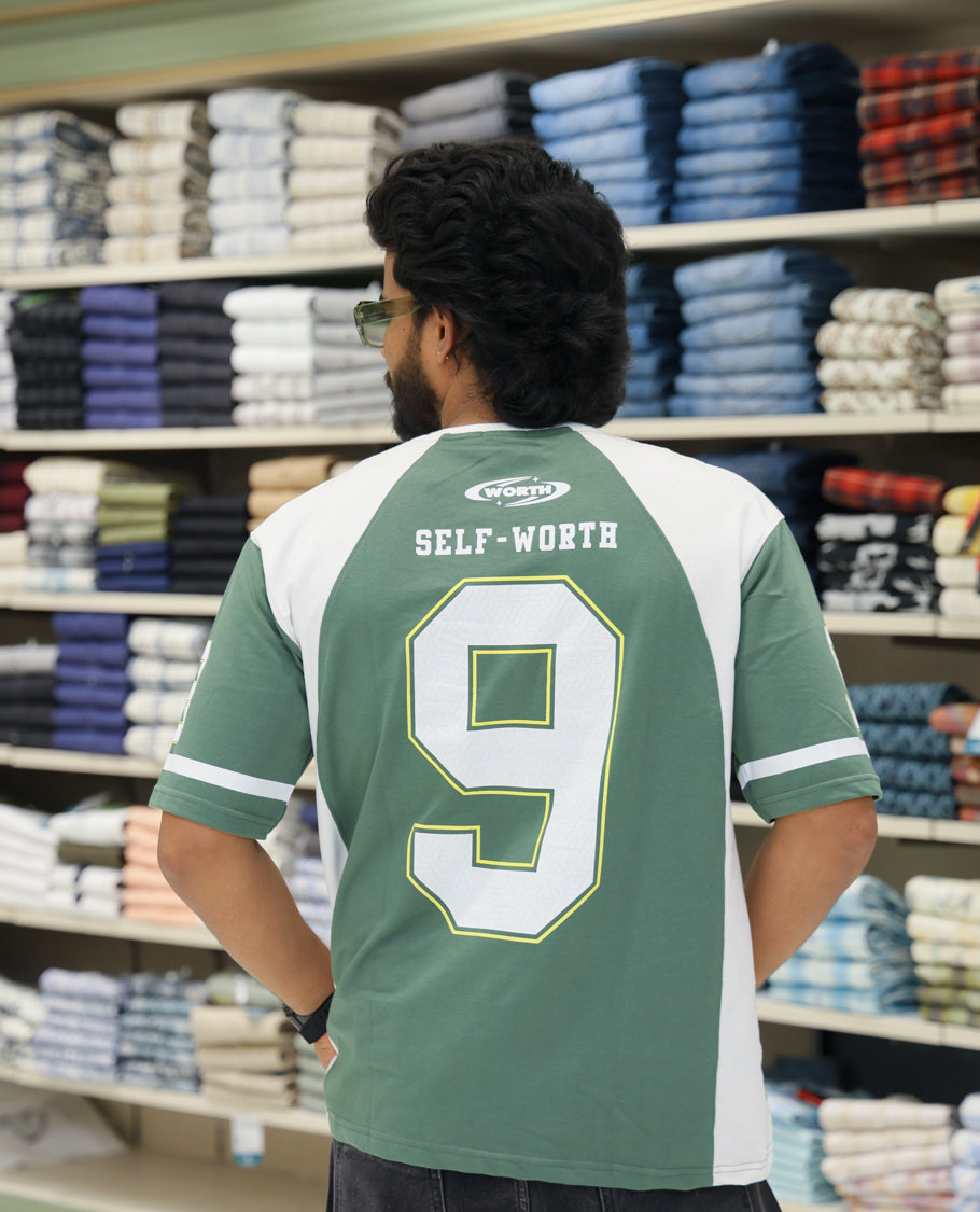 Green Cotton-Blended Oversized Printed Jersey-Style T-shirt Comes with Half-Sleeves, Round Neck, and Regular Length 