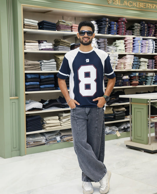 Navy Blue Cotton-Blended Oversized Printed Jersey-Style T-shirt Comes with Half-Sleeves, Round Neck, and Regular Length 