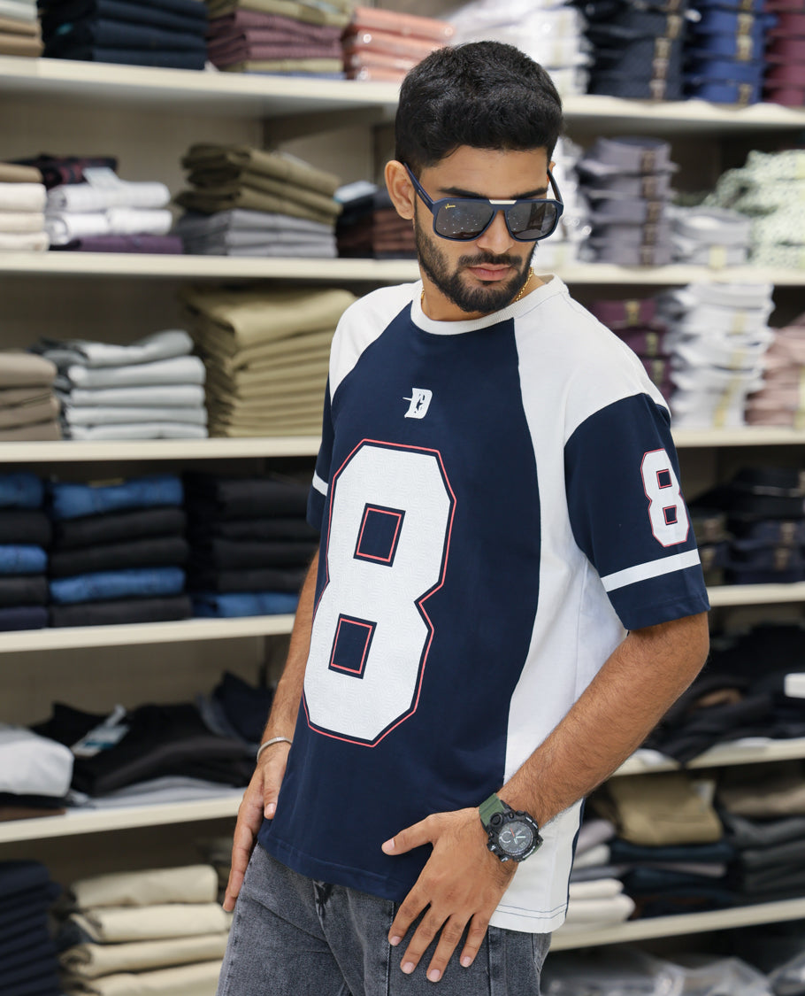 Navy Blue Cotton-Blended Oversized Printed Jersey-Style T-shirt Comes with Half-Sleeves, Round Neck, and Regular Length 