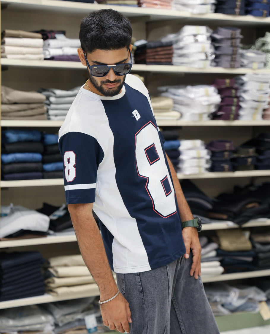 Navy Blue Cotton-Blended Oversized Printed Jersey-Style T-shirt Comes with Half-Sleeves, Round Neck, and Regular Length 