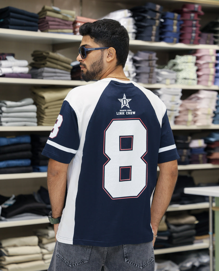 Navy Blue Cotton-Blended Oversized Printed Jersey-Style T-shirt Comes with Half-Sleeves, Round Neck, and Regular Length 