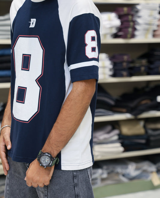 Navy Blue Cotton-Blended Oversized Printed Jersey-Style T-shirt Comes with Half-Sleeves, Round Neck, and Regular Length 