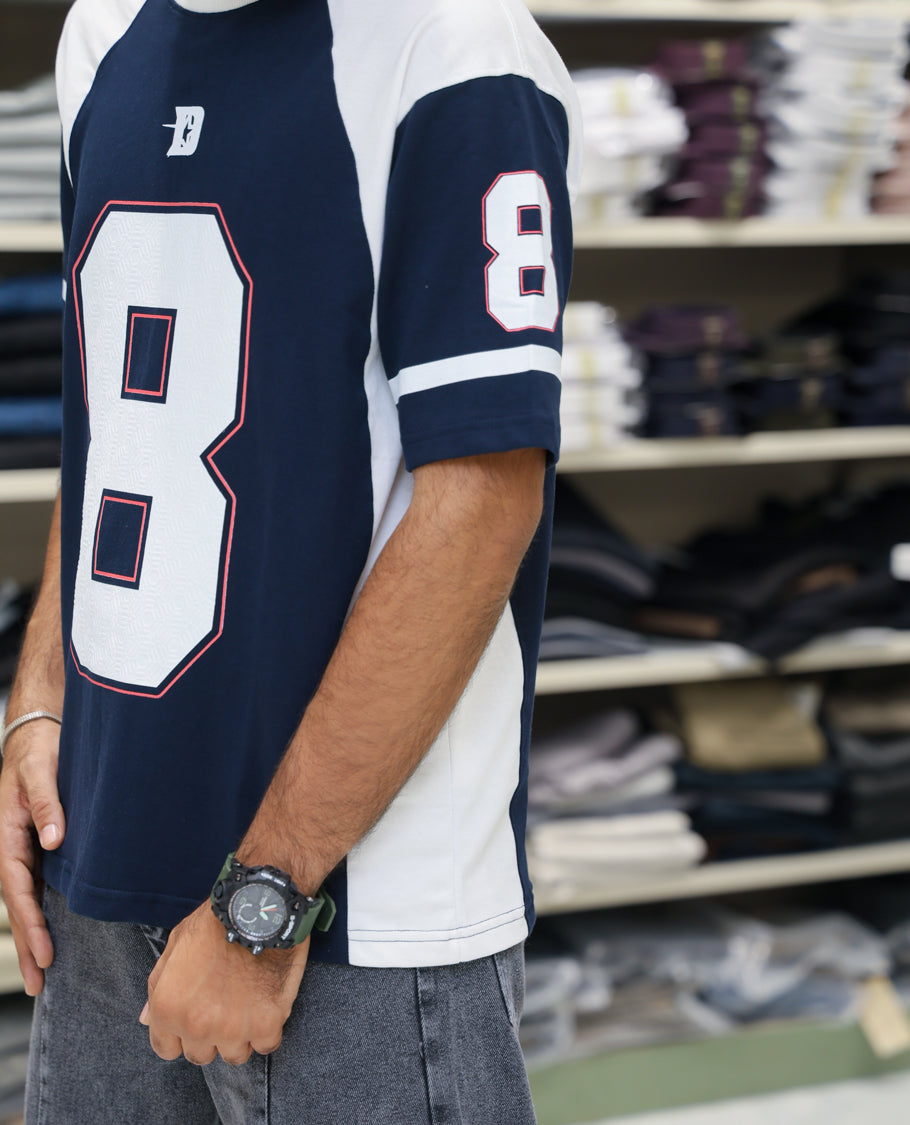 Navy Blue Cotton-Blended Oversized Printed Jersey-Style T-shirt Comes with Half-Sleeves, Round Neck, and Regular Length 