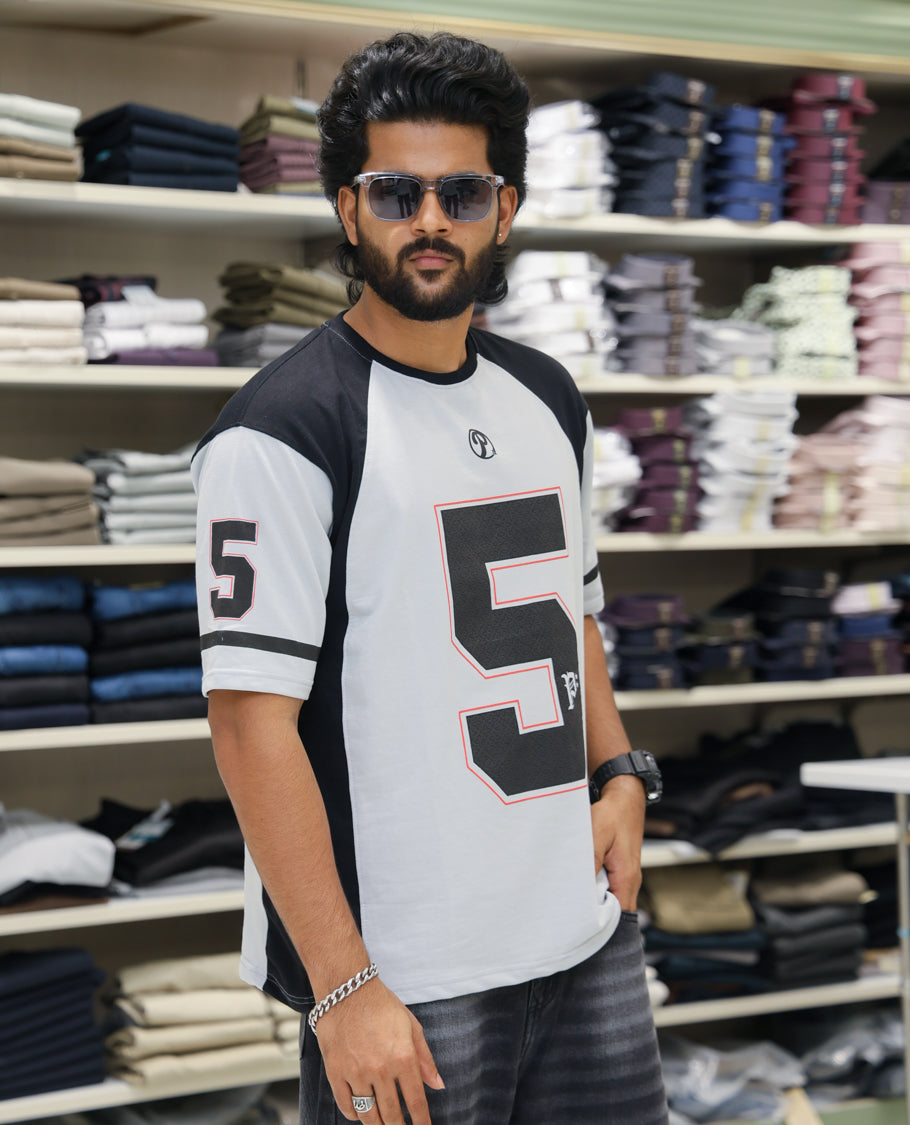 Grey Cotton-Blended Oversized Printed Jersey-Style T-shirt Comes with Half-Sleeves, Round Neck, and Regular Length 
