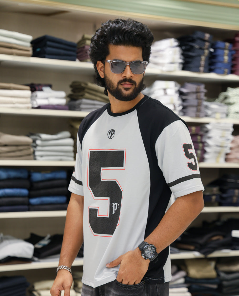 Grey Cotton-Blended Oversized Printed Jersey-Style T-shirt Comes with Half-Sleeves, Round Neck, and Regular Length 