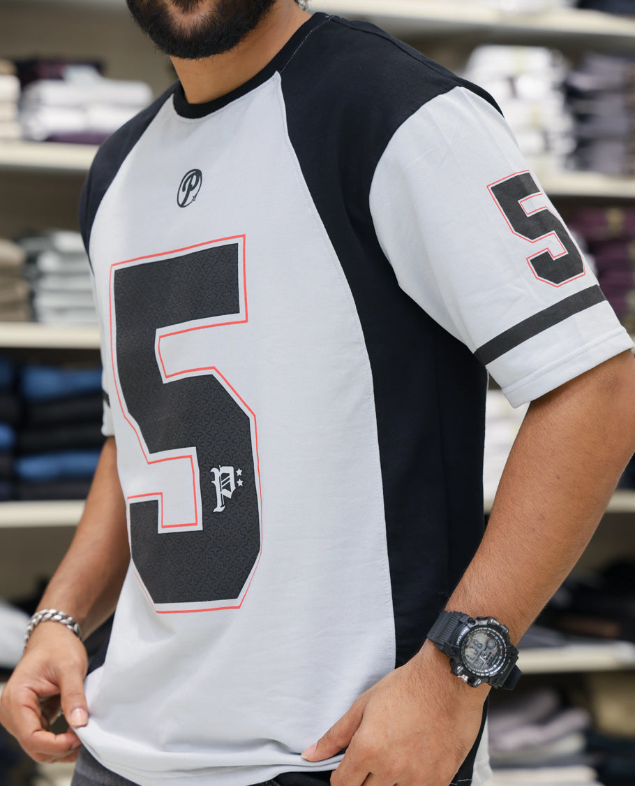 Grey Cotton-Blended Oversized Printed Jersey-Style T-shirt Comes with Half-Sleeves, Round Neck, and Regular Length 