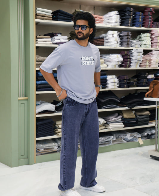 Grey Cotton-Blended T-shirt Features Funky and Bold Motifs Print, Half-Sleeves, Oversized Fit, Round Neck, and Regular Length 